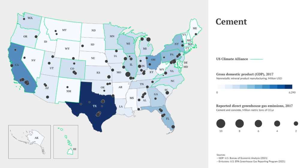 map showing geographic distribution of cement industry in the U.S.