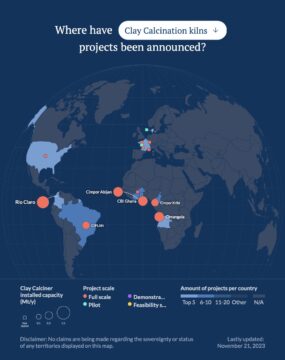 screen grab from the green cement tracker showing clay calcination kilns
