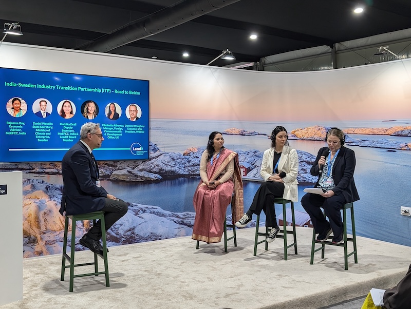 Panel discussion at the India-Sweden Industry Transition Partnership (ITP) – Road to Belém event, hosted by LeadIT at COP29. L-R: Moderator Dominic Waughray, Executive Vice President, WBCSD, Ruchika Drall, Deputy Secretary, Ministry of Environment, Forests and Climate Change, India, Elizabetta Albernaz, Manager, Foreign, Commonwealth and Development Office, UK Helen Ågren, Director, Ministry of Climate and Enterprise, Sweden.